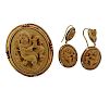 Antique Gold Lava Cameo Brooch Earrings Set 
