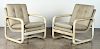PAIR PARCHMENT COVERED UPHOLSTERED ARM CHAIRS