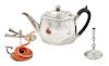 English silver teapot, wax jack and taperstick