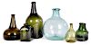 Six blown olive & aqua glass bottles