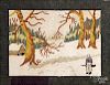 New England hooked rug of a winter landscape