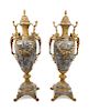 A Pair of Louis XV Style Monumental Faux Marble and Gilt Mounted Covered Urns