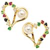 A cultured pearls, emerald, sapphire, ruby and diamond 14K yellow gold pair of earrings