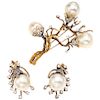DE LA FIRMA CORLETTO cultured pearl and diamond 14K yellow gold brooch and pair of earrings set.