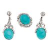 A turquoise and diamond palladium silver ring and pair of earrings set.