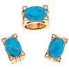 A turquoise and diamond 14K yellow gold ring and pair of earrings set.