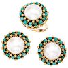 An half of cultured pearl and turquoise 14K yellow gold ring and pair of earrings set. 