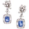 A sapphire and diamond palladium silver pair of earrings. 