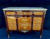 LATE 19TH C. LOUIS XVI STYLE MARQUETRY & PARQUETRY MARBLE TOP FRENCH COMMODE