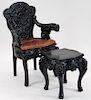 Japanese Black Lacquer Carved Wood Chair and Stool