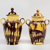 Pair of Continental Yellow Ground Brown Splashed Earthenware Vases and Covers