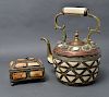 Moroccan Brass & Bone Inlay Teapot & Box