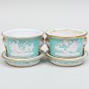 Pair of English Porcelain Turquoise Ground Cachepots and Stands