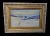 ARMAND HENAULT SGN. OIL ON  PANEL WINTER LANDSCAPE WITH SKIERS 