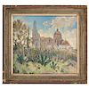 CHARLES MICHEL (BELGIUM, 1874-1967) VIEW OF THE CHURCH OF PUEBLA. Oil on canvas. Signed on the back. 21.8 x 23.8 in