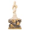 OUR LADY OF THE IMMACULATED CONCEPTION. MEXICO, 19TH CENTURY. Sculpted in alabaster, wooden and sculpted base, golden painting. 11.4 in tall