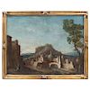 CAPRICCIO: VILLAGE VIEW WITH BRIDGE AND PEOPLE. ITALY, 19TH CENTURY. Oil on canvas.