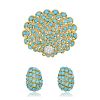 A Fine Turquoise and Diamond Pin and Earrings Set, Italian