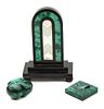 An Art Deco Style Three Piece Silver and Malachite Desk Set, Edison Begay Height of tallest 7 inches.
