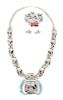 A Zuni Three Piece Necklace, Bracelet and Earring Set Length of necklace 28 inches; naja 2 1/2 inches.