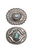 Two Southwestern Silver and Turquoise Belt Buckles Height of first 3 1/8 x width 4 inches for an 1 3/4 inch belt.