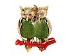Whimsical Jade, Coral, Ruby & Gold Owl Brooch