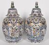 Pair, 17th C. Delft Style Lidded Octagonal Urns