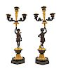 A Pair of Regency Gilt and Patinated Bronze Three-Light Figural Candelabra 