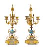 A Pair of Napoleon III Gilt Bronze and Sevres Style Porcelain Three-Light Candelabra