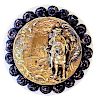 LARGE BRASS HORSE & RIDER BUTTON WITH WOOD BEAD BORDER