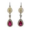 18k Gold Diamond Pearl Gemstone Drop Earrings 