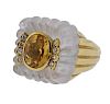 18K Gold Diamond Citrine Carved Frosted Crystal Ring