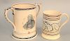 Two mugs, one mocha decorated plus a two handled mug with transfer of doctor or reverend, early 19th century, imperfections. single handle height 4 3/