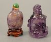Two amethyst quartz snuff bottles, one carved relief with Guanyin and boy by rockwork with branches and flowers and a small carved amethyst quartz snu