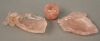 Four pieces to include, three pink rose quartz pieces, two rose quartz leaf form dishes, each shallow form attached to branch form ends with leafage h