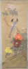 Oriental scroll painting on silk of tree branch with blossoming flowers and two birds signed lower left, image size: 39 1/2" x 16".