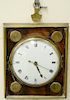 Continental wall clock on mahogany panel with brass surround and four brass circles, early to mid 19th century. height 6 1/2 inches, width 5 1/2 inche