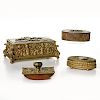 4PC ART DECO METAL CHEST, JEWELRY BOXES & STAMP ROLLER