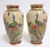 Pair Japanese Satsuma Pottery Vases w/ Peacocks