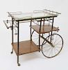 Vintage "Bicycle" Wheel Oak, Brass and Glass Rolling Tea Cart