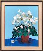 Andrew Shunney (1916-1978) Oil on Canvas Still LIfe "Potted White Cyclamen on Tabletop"
