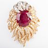 18k Yellow and White Gold, Rubelite and Diamond Brooch