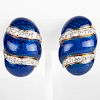 David Webb 18k Gold, Diamond and Blue Enamel Earclips