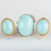 Pair of 18k Gold, Diamond and Turquoise Earclips and Matching Ring