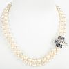Cultured Pearl Necklace with 14k White Gold, Sapphire and Diamond Clasp