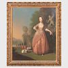 Attributed to Philip Wickstead (1763-1789): Portrait of Mrs. Barratt of Pottley Hall Wearing a Pink Dress in a Classical Garden with a Dog and a Baske