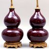 Pair of Chinese Ormolu-Mounted Copper Red Glazed Porcelain Double Gourd Vases Mounted as Lamps