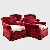 Set of Four Red Velvet and Damask Upholstered Club Chairs