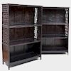 Pair of Asian Black Painted Bamboo, Woven Reed and Wood Fretwork Open Cabinets