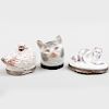 Samson Porcelain Cat Form Snuff Box and Two French Porcelain Animal Form Snuff Boxes